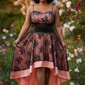 Chic Black and Pink High Low Lace Dress